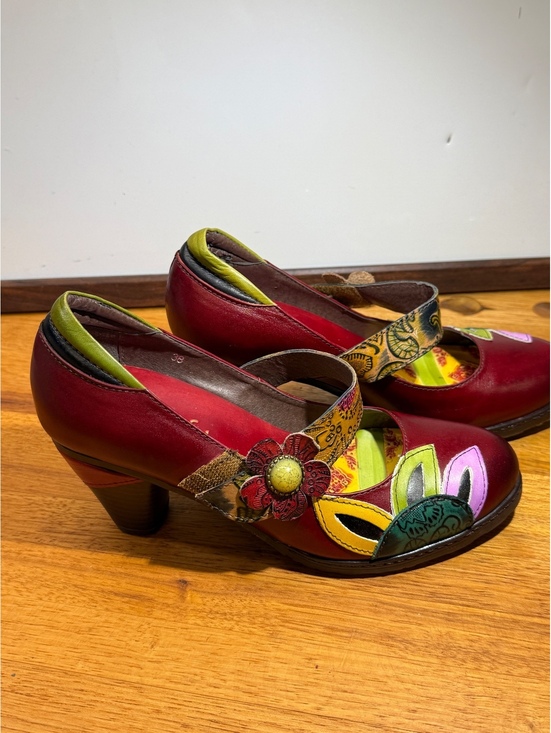 Socofy Shoes - Socofy Retro Leather Mary Jane Pumps Floral Patchwork Boho Chunky Heels Shoes